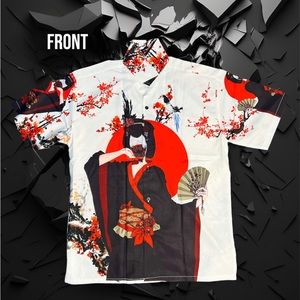 All over print geisha buttons up shirt